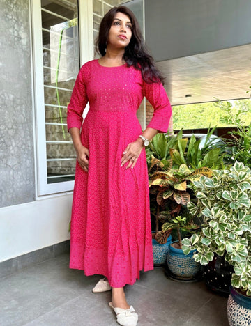 Mirror Worked Rayon Cotton Maxi Dress - Pink