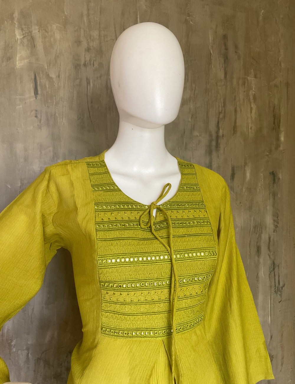 Jute Silk Straight Cut Kurta with Foil Mirror Work - Olive Green