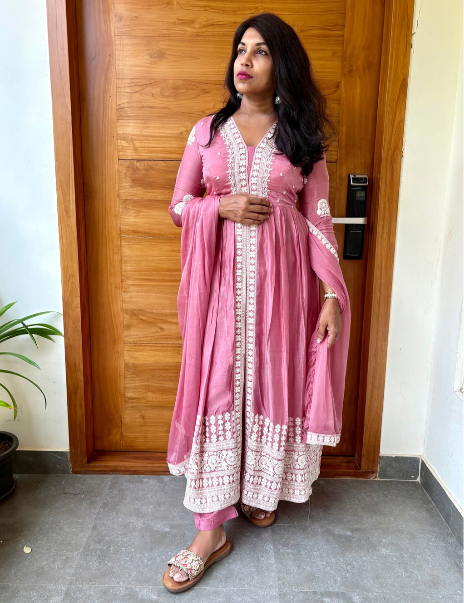 Dola Silk Front Slit Designer Kurta Set with Pearl Work - Onion Pink