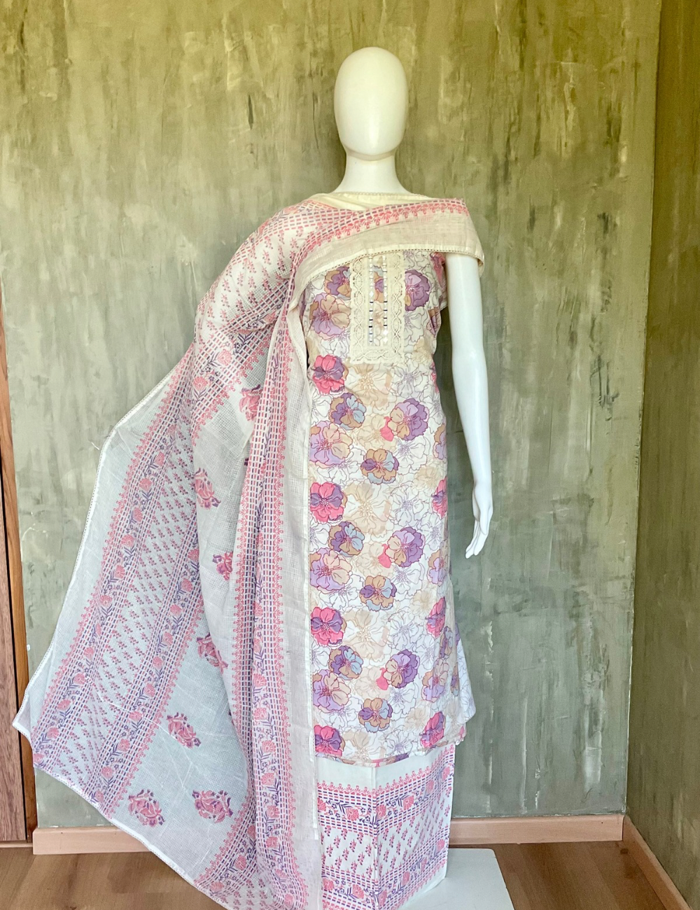 Soft Cotton Floral Printed Unstitched Salwar - Off White