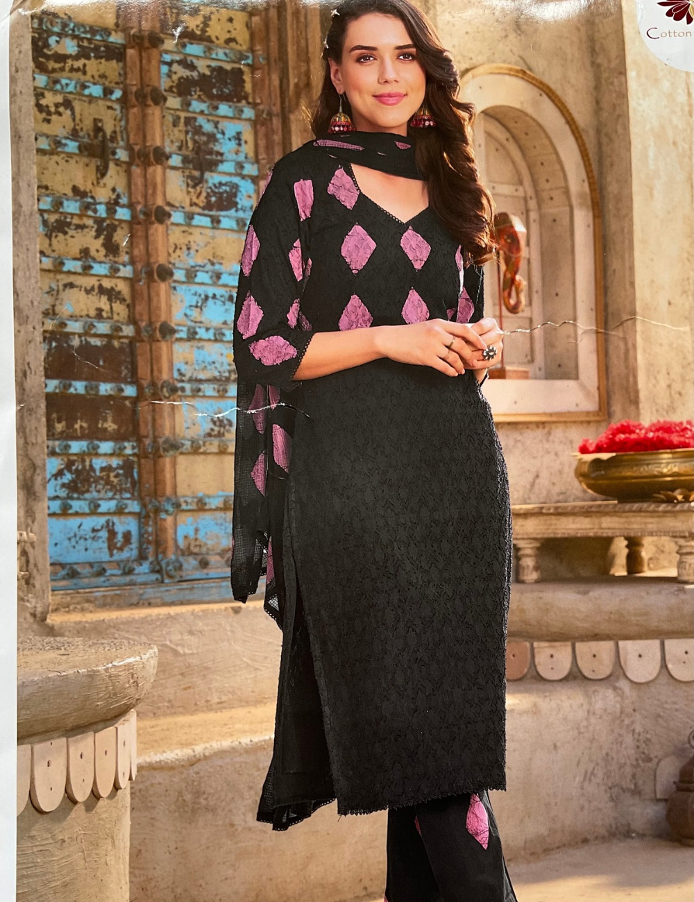 Cotton Tie and Dye Unstitched Salwar - Black