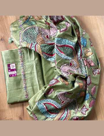 Tissue Silk Kalamkari Patch Work Designer Unstitched Salwar - Green