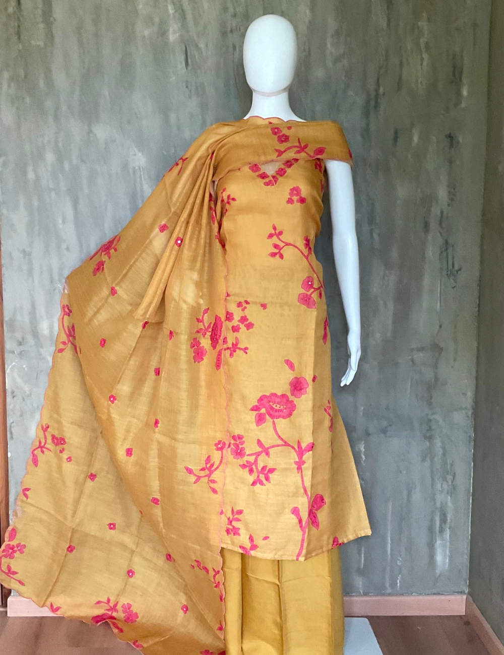 Linen Cotton French Knotted Unstitched Salwar - Mustard