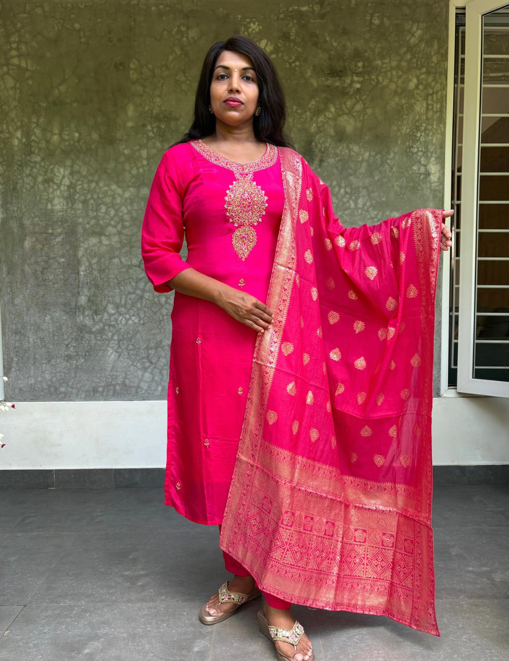 Muslin Silk Festive Kurta Set with Soft Banaras Dupatta - Rani Pink