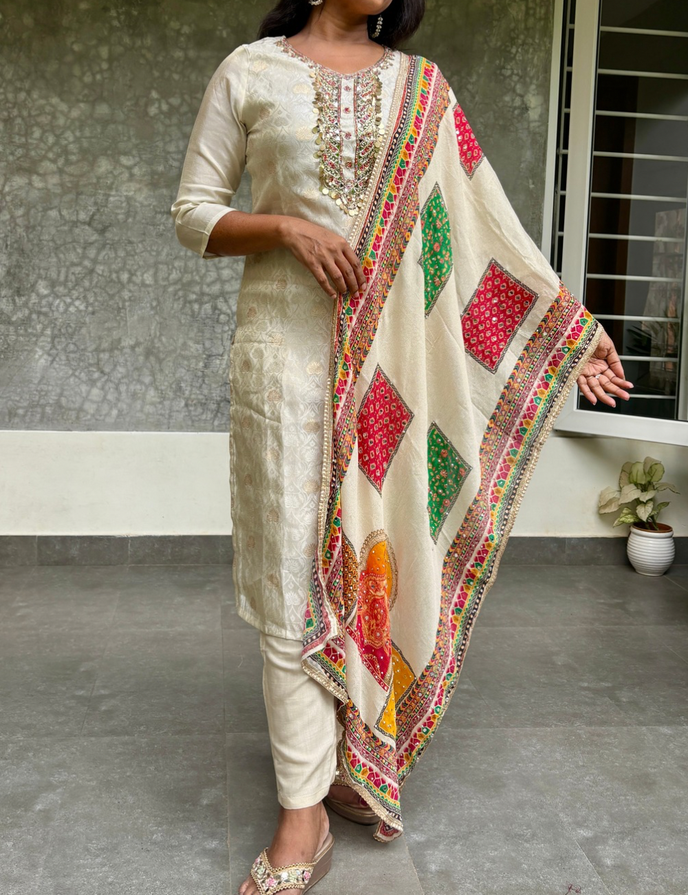 Soft Brocade Silk Designer Kurta Set - Beige