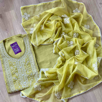 Muslin Silk Designer Unstitched Salwar - Dark lime green