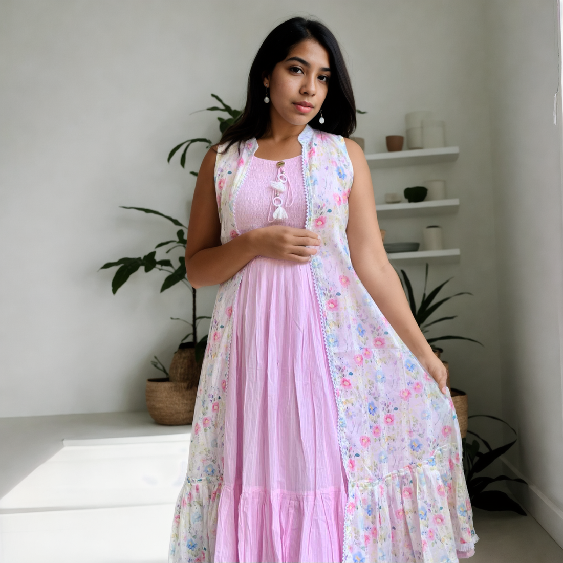 Smocked Designer Dress with Long Shrug - Pink