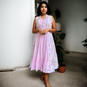 Smocked Designer Dress with Long Shrug - Pink