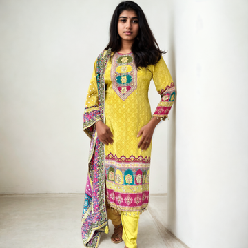 Ethnic printed Muslin silk Kurta set - Mustard