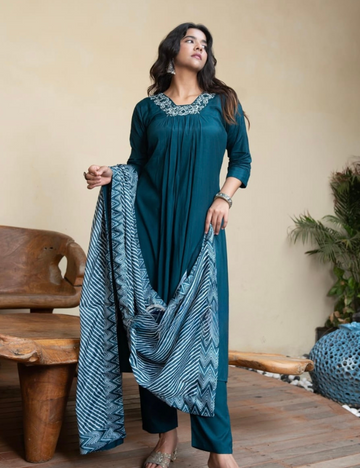 Soft Muslin Silk Pleated Aline Kurta Set - Teal Blue