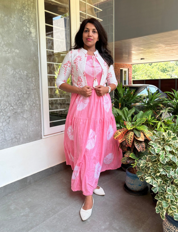 Smocked Tie and Dye Dress with Ethnic Jacket - Pink