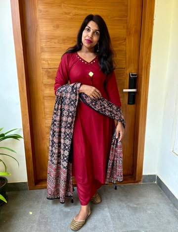 soft rayon cotton mirror work Aline kurta set - Maroon