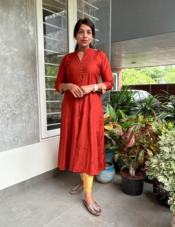 Soft silk blend Aline banaras kurta - rust orange
