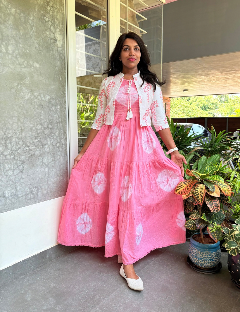 Smocked Tie and Dye Dress with Ethnic Jacket - Pink