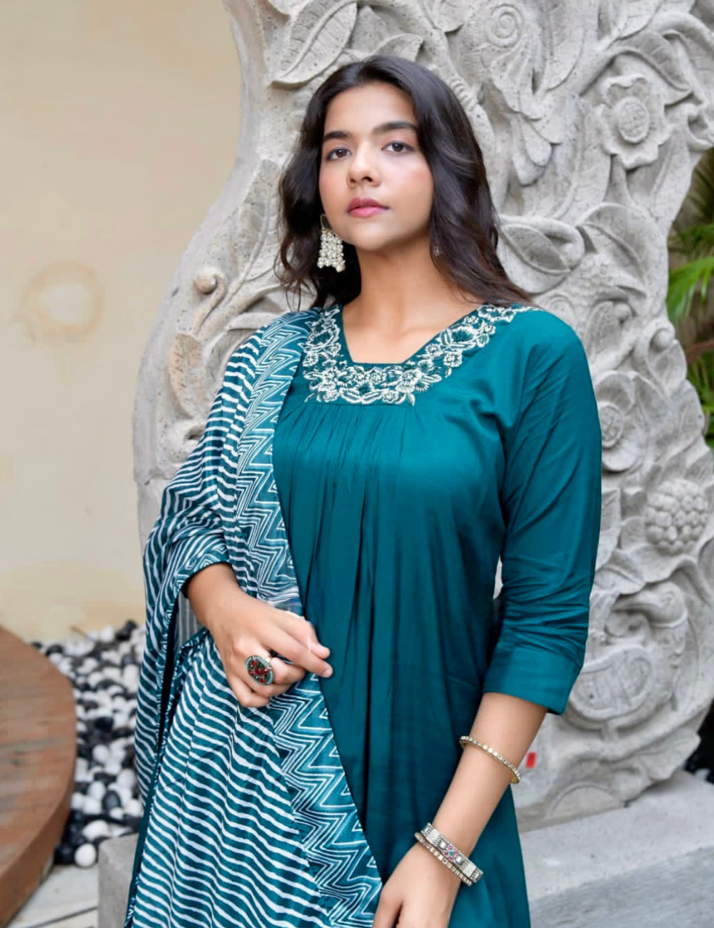 Soft Muslin Silk Pleated Aline Kurta Set  - Teal Blue