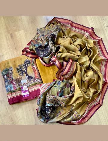 Soft Silk Ethnic Printed Unstitched Designer Salwar - Mustard