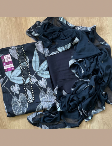 Soft Muslin Silk Floral Printed Unstitched Designer Salwar - Black