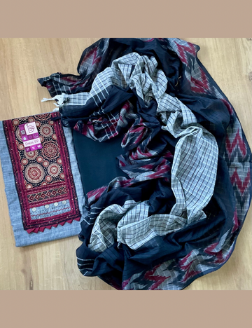 Kalamkari Patch Worked Cotton Unstitched Salwar - Grey