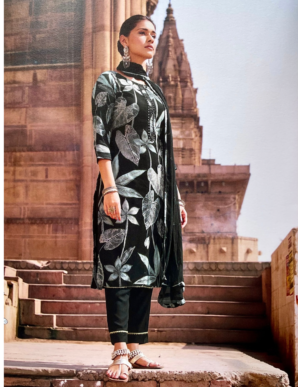 Soft Muslin Silk Floral Printed Unstitched Designer Salwar - Black