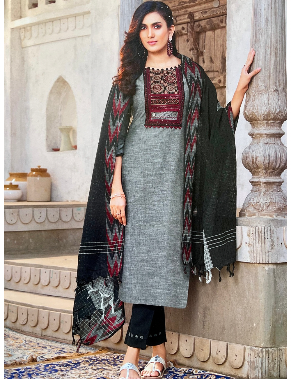 Kalamkari Patch Worked Cotton Unstitched Salwar - Grey