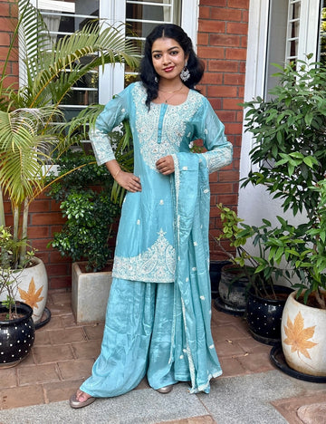 Chinon Silk Heavy Work Designer Kurta Set with Palazzo Bottom - Cyan Blue