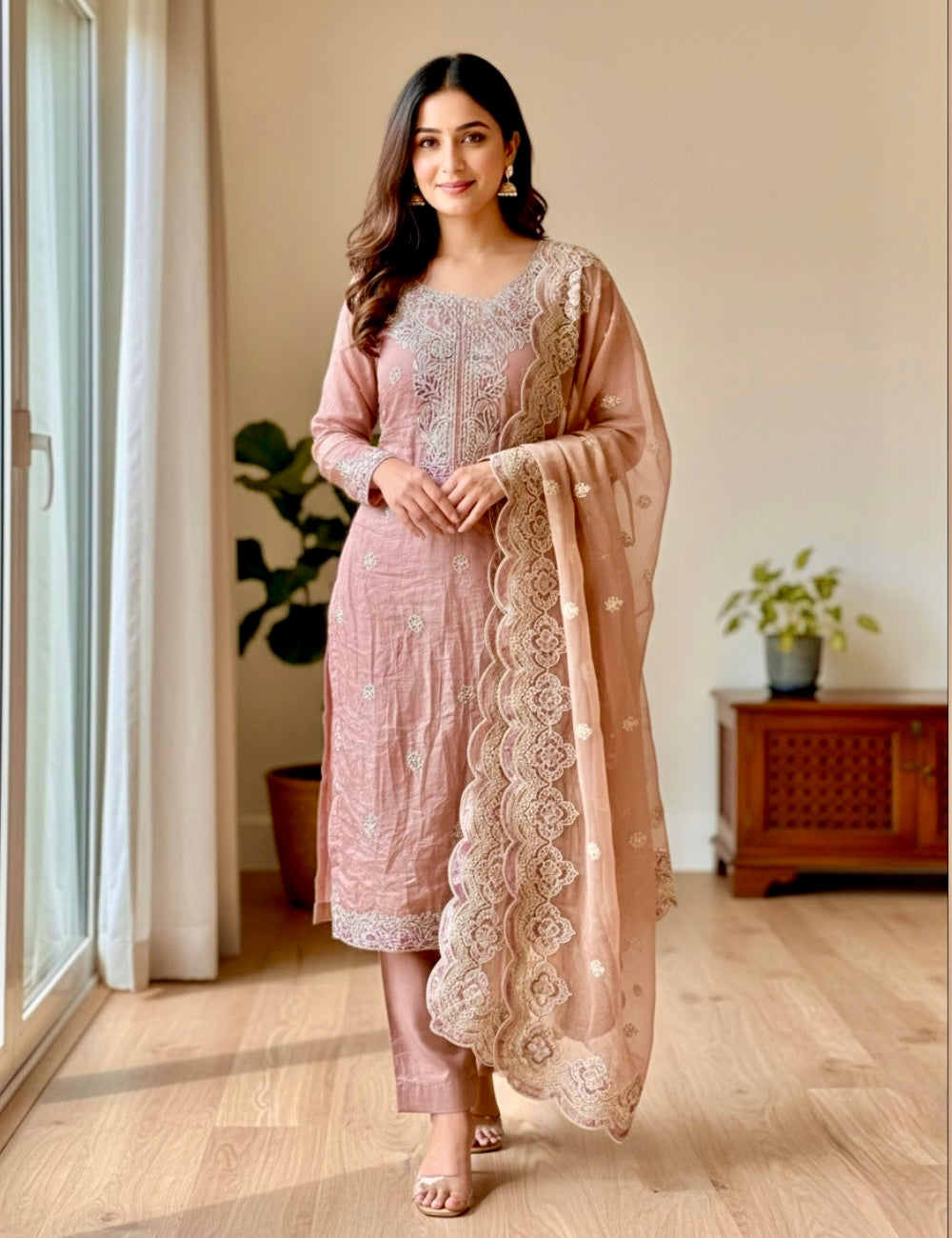 Crushed Shimmer Organza Embellished Designer Unstitched Salwar - Brown