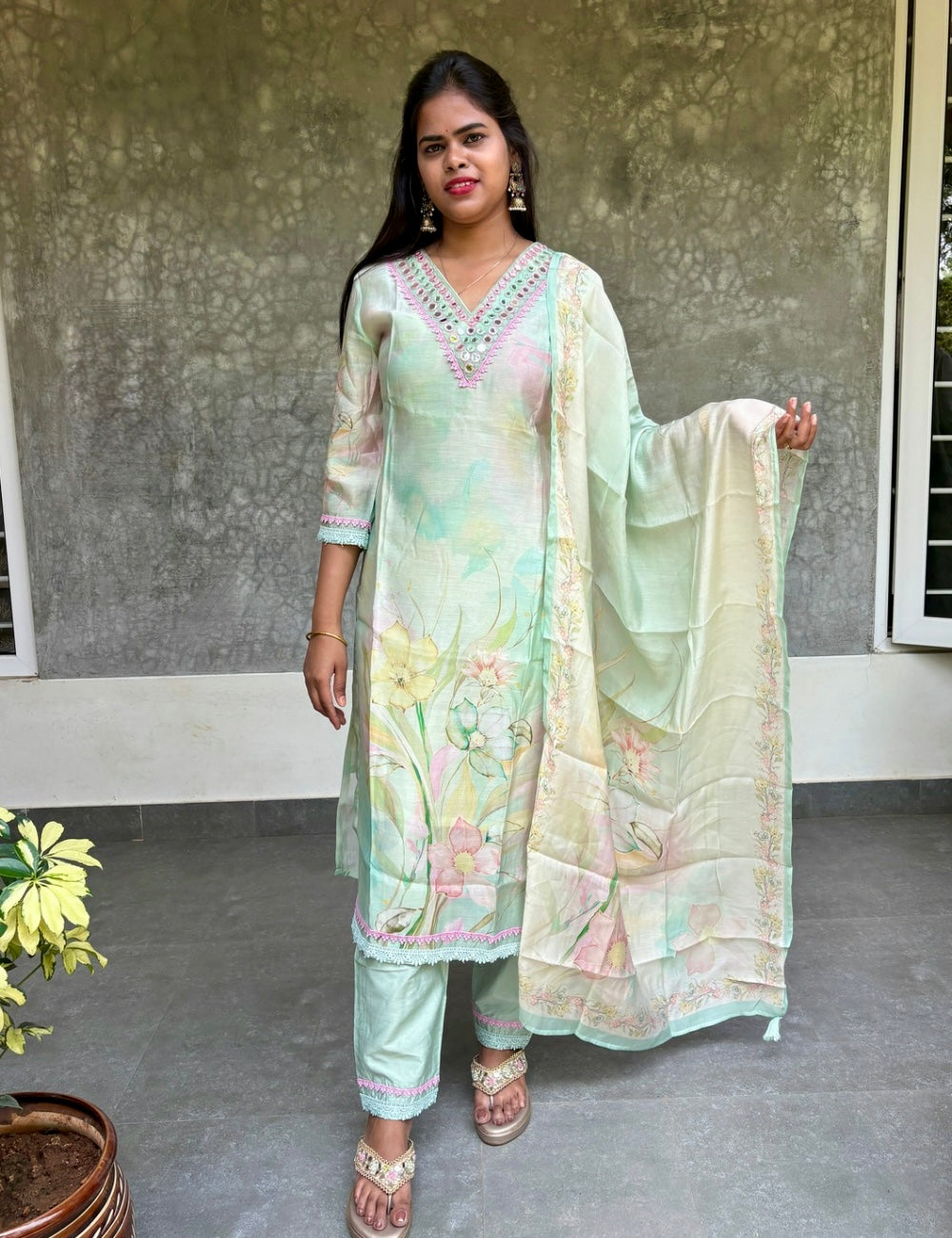 Muslin Silk Mirror Worked Designer Kurta Set with Floral Prints - Pista Green