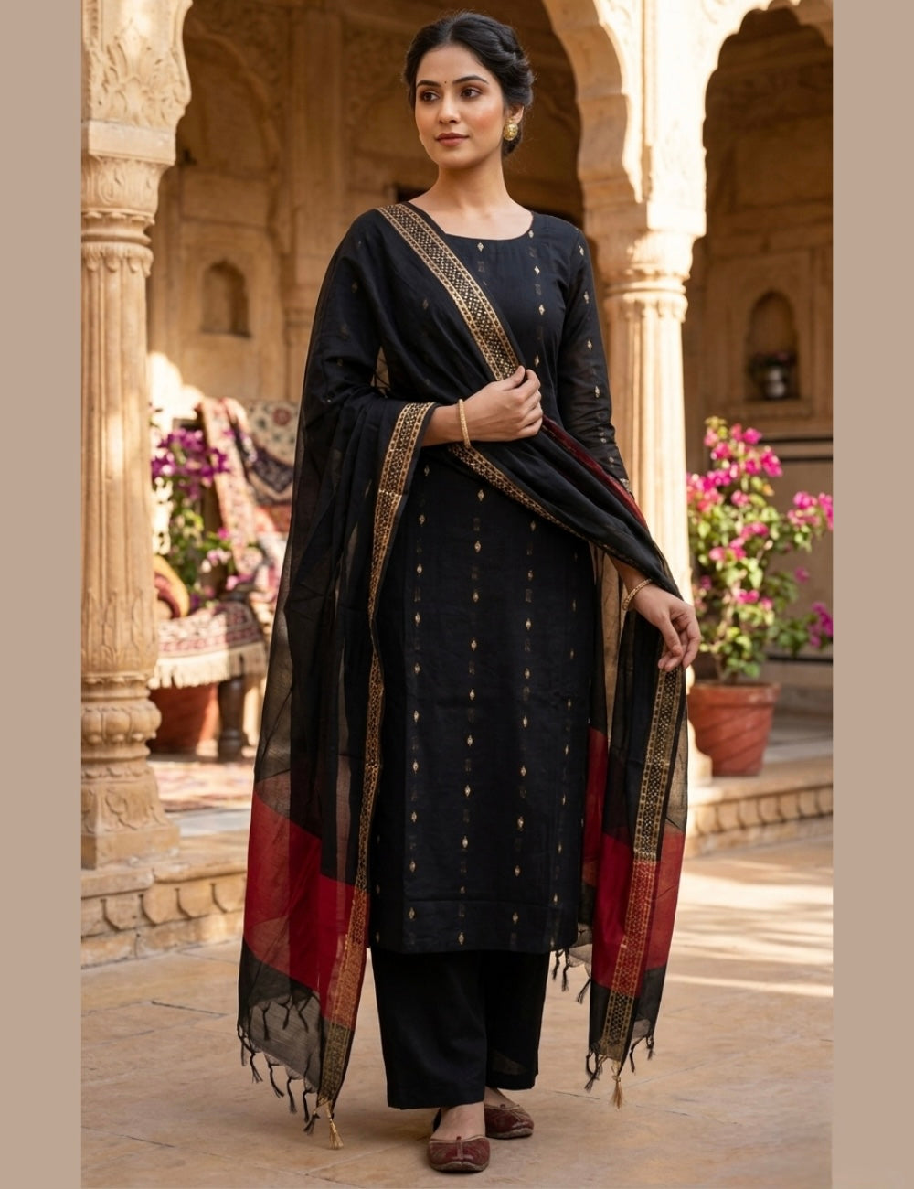 Silk Cotton Traditional Unstitched Salwar with Gold Butties - Black