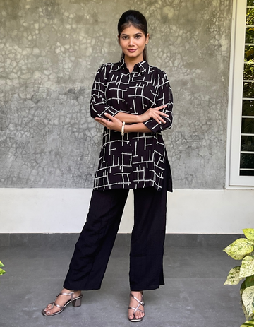 Abstract Embroidered Cotton Coord Set - Black