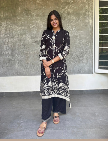 Floral Printed Rayon Cotton Kurta Set - Black
