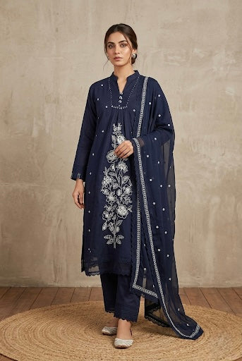 Mul Mul Cotton Floral Embroidered Aline Kurta Set - Dark Blue