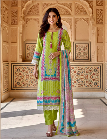 Muslin Silk Ethnic Printed Designer Kurta Set - Light Green