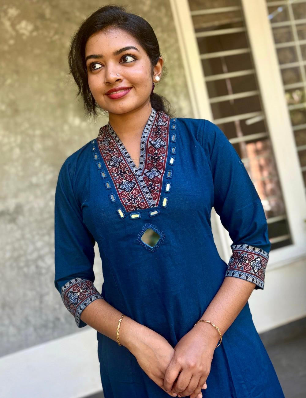 Mirror Worked Cotton Casual Kurta Set with Ajrakh Prints - Dark Blue