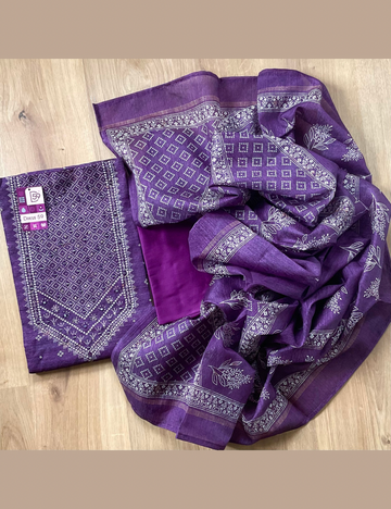 Jute Silk Designer Unstitched Salwar with Ethnic Prints - Dark Purple