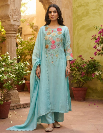 Floral Embroidered Slub Silk Designer Kurta Set - Cyan Blue