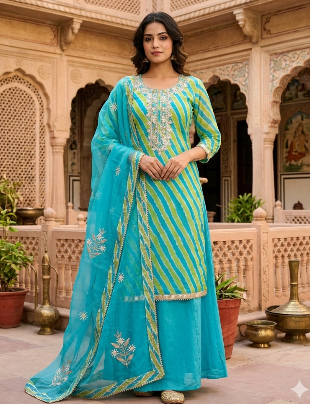Soft Organza Gota Worked Designer Unstitched Salwar - Green