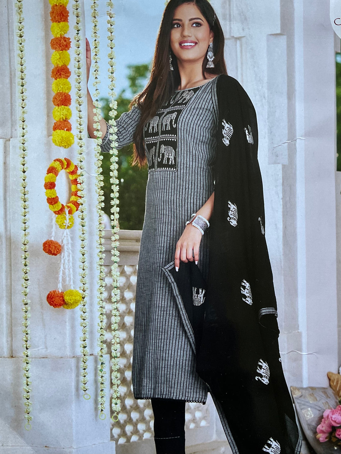 Elephant Embroidered Cotton Casual Wear Unstitched Salwar - Grey