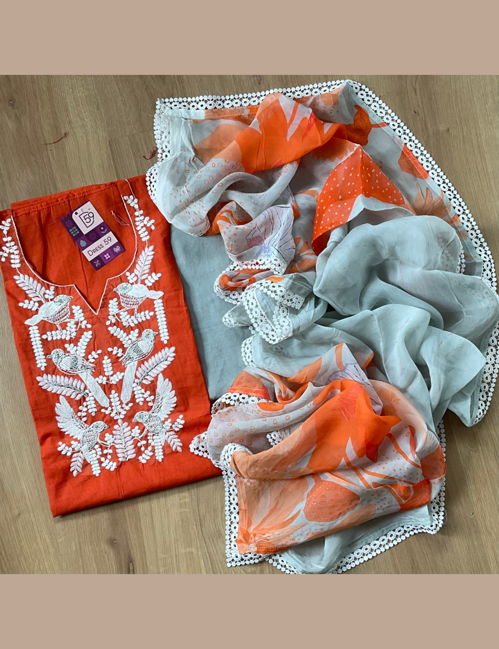 Muslin Silk Pearl Work Designer Unstitched Salwar with Organza Dupatta - Rust Orange