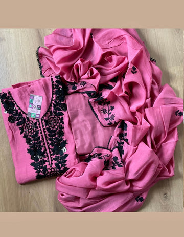 Muslin Silk Floral Bead Worked Designer Unstitched Salwar - Pink