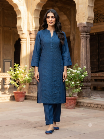 Soft Cotton Silk Kurta Set – Teal Blue