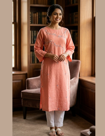 Rayon Cotton Embellished Straight Cut Kurta - Peach