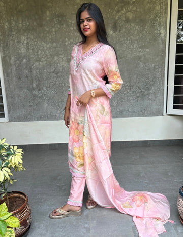Muslin Silk Mirror Worked Designer Kurta Set with Floral Prints - Baby Pink