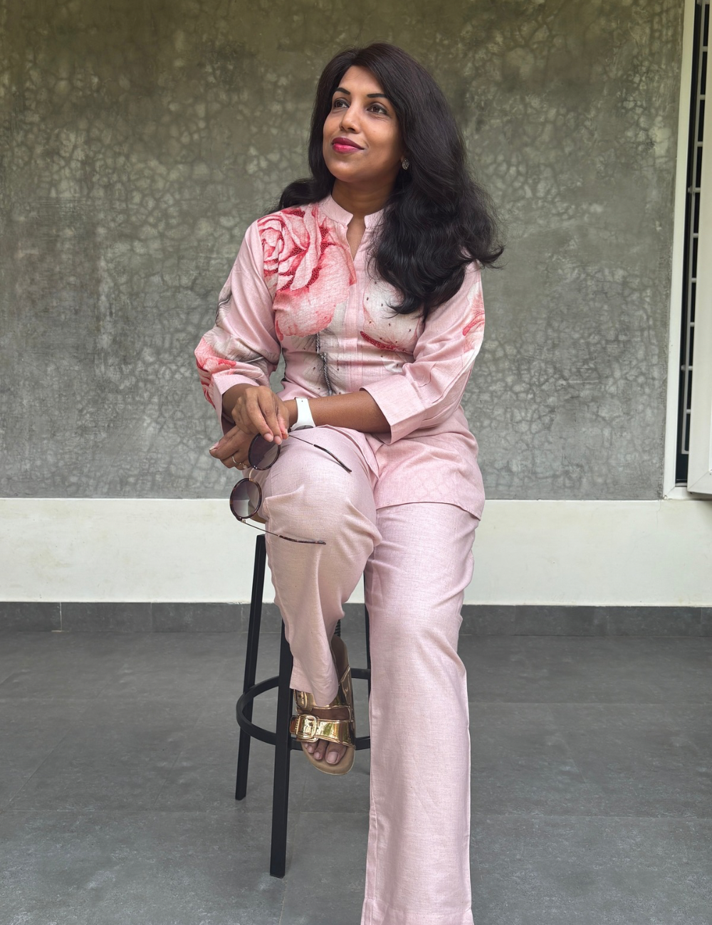 Linen Cotton Co-Ord Set with Pearl Work - Pastel Pink