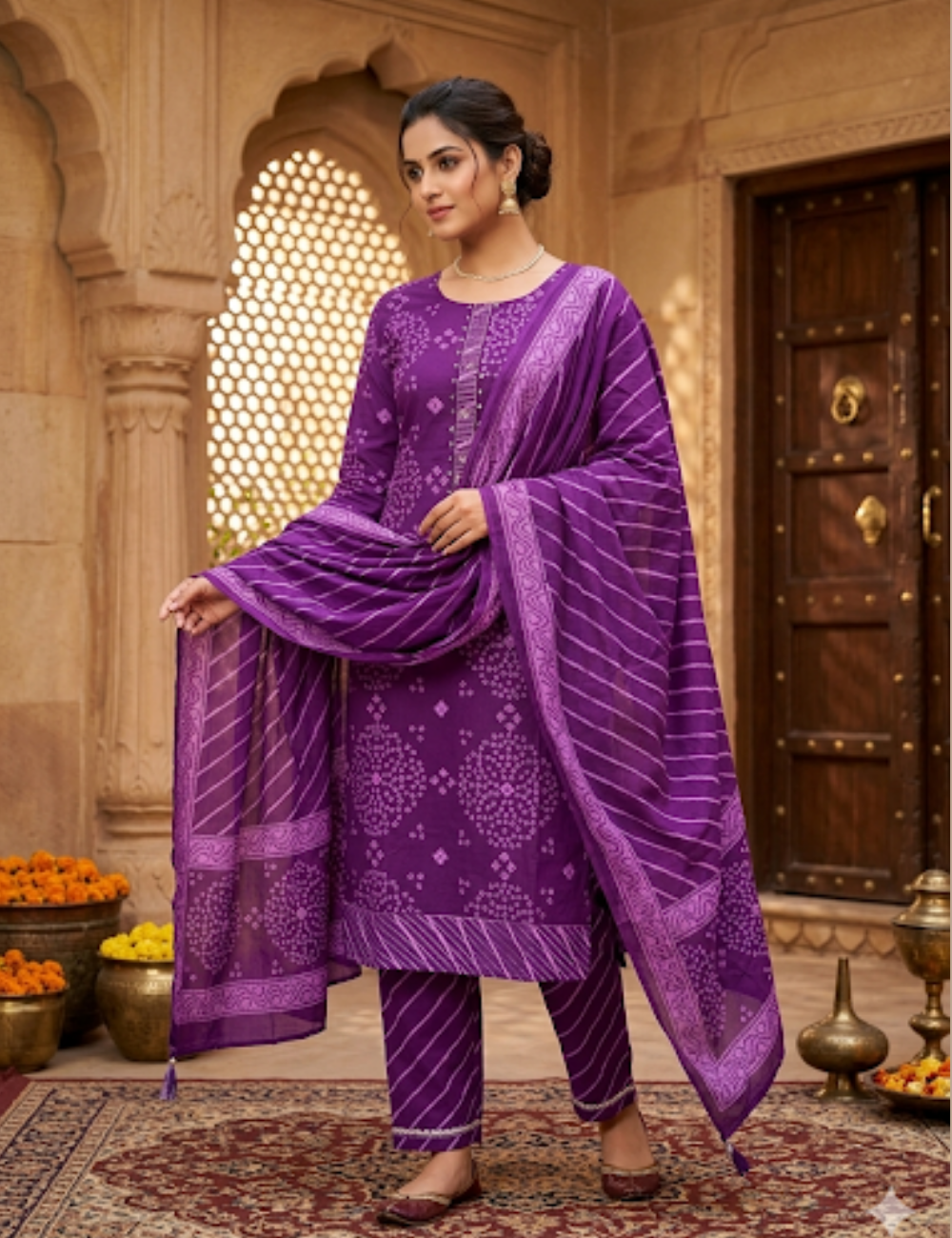Bandhini Printed Cotton Unstitched Salwar -Violet