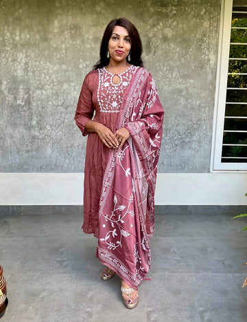 Chinon Silk Bead Worked A-line Designer Kurta Set - Dusty Brown