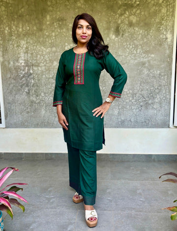 Rayon Cotton Everyday Wear Kurta Set - Bottle Green