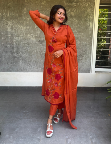 Mul Mul Cotton Floral Embroidered Kurta Set - Rust Orange