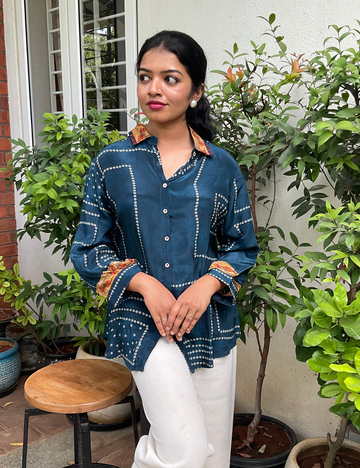 Bandhini Printed Semi Crepe Silk Shirt – Teal Blue
