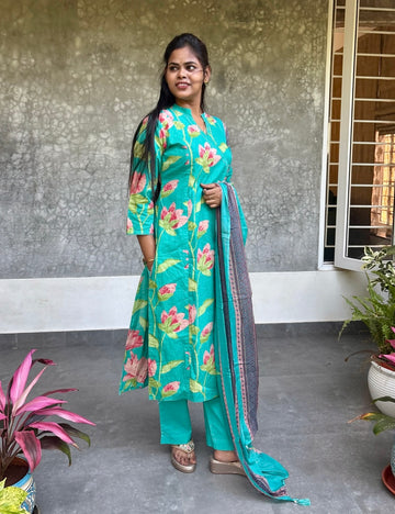 Floral Printed Cotton Angrakha Pattern Kurta Set - Turquoise Blue