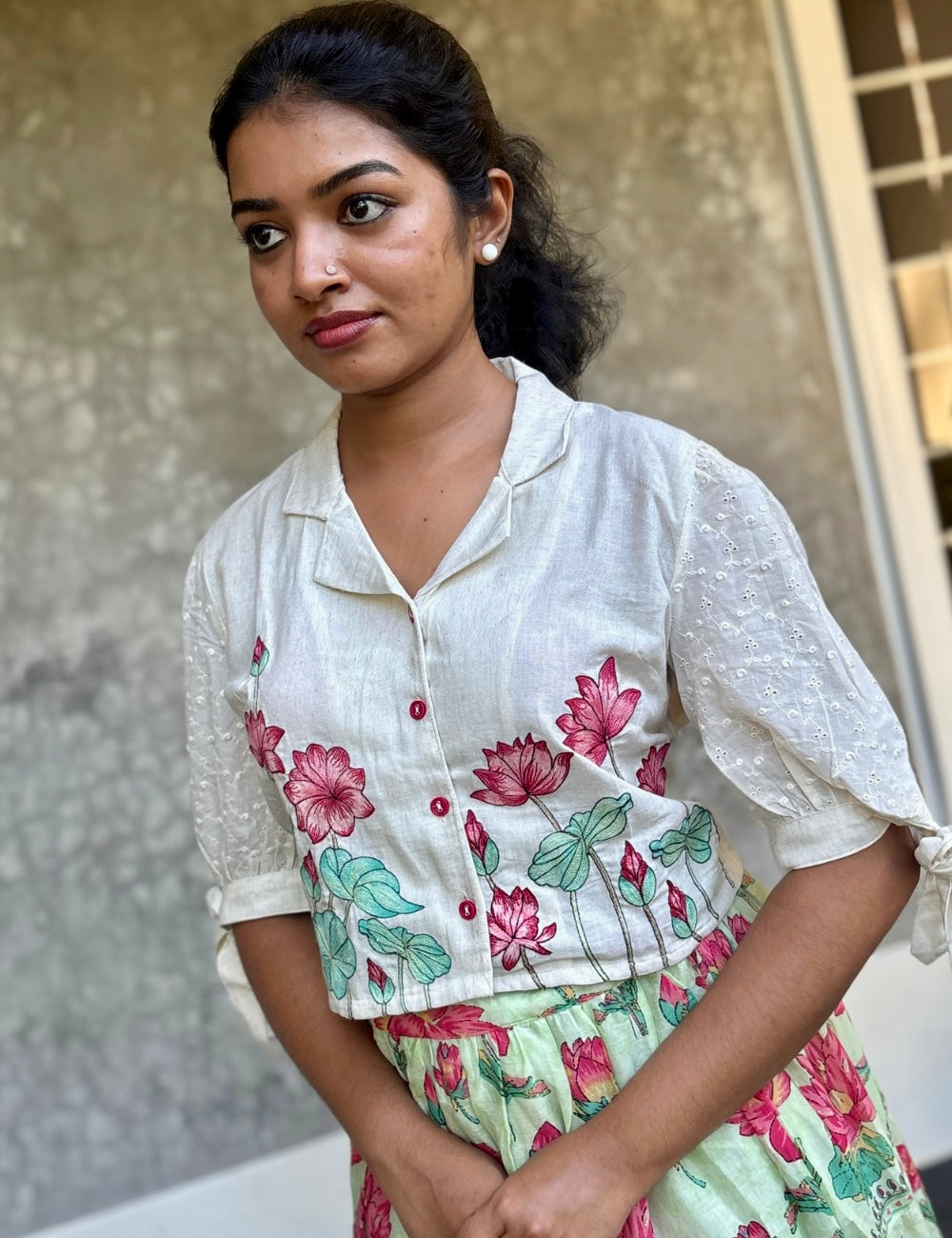 Floral Printed Mul Cotton Skirt with Embroidered Crop Top - Off White with Green